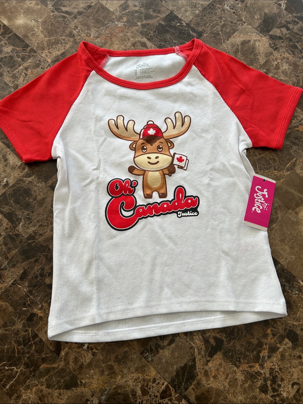 NWT 🆕 Justice Girls White Tee with Red Raglan Sleeves and Moose Canada Graphic